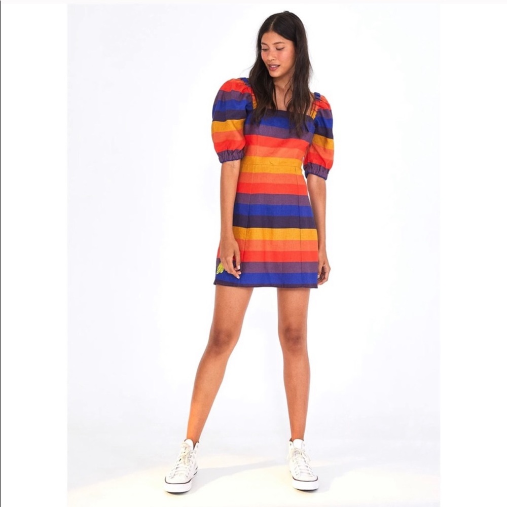 Farm Rio Rainbow Puff Sleeve Linen Mini Dress